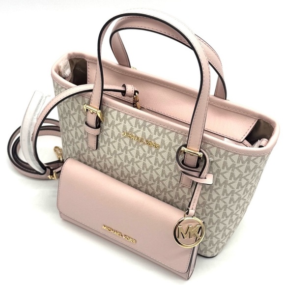 Michael Kors Jet Set Travel Top-Zip Tote Bag & Trifold Wallet Powder Blush Set - Picture 7 of 11